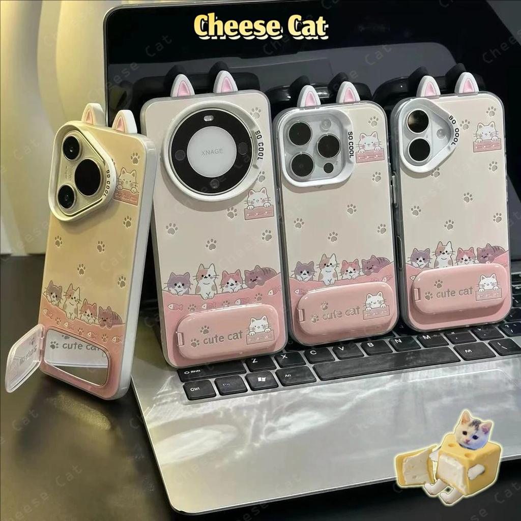 Ốp Điện Thoại Tai Mèo Dễ Thương Và Gương Giá Đỡ Điện Thoại Cho iPhone 17 Pro 16 15 14 13 12 11 Pro Max XR Xs Max 7 Plus