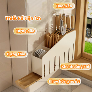 Kệ Cài Dao Kéo Tích Hợp Ống Đựng Đũa, Giá Đựng Dao Muỗng Nhà Bếp Treo Tường Có Khay Thoát Nước