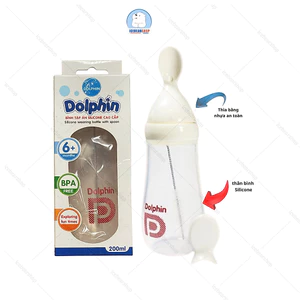 Bình Tập Ăn SIlicone Dolphin 200ml, Bình ăn Cháo Cho Bé Tập ăn Thân Bình Silicone Muỗng Nhựa