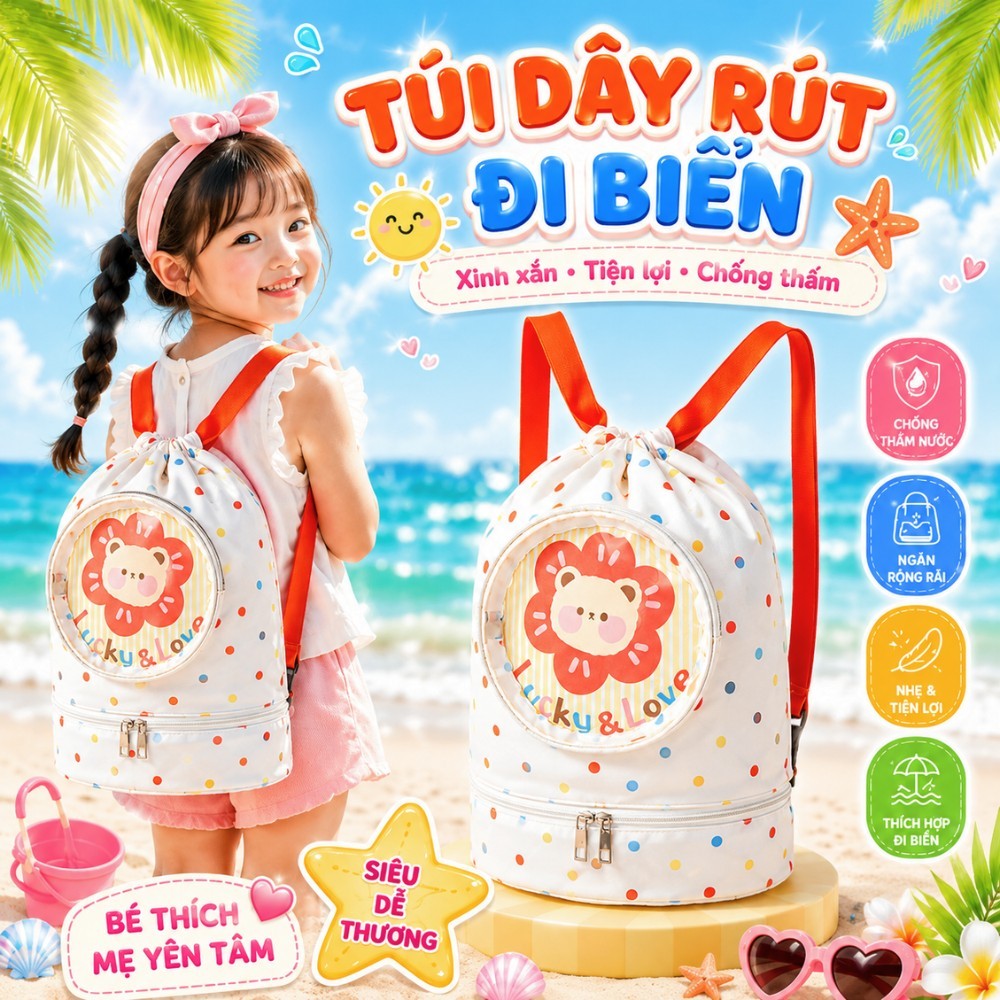 Túi Dây Rút Đi Biển Cho Bé Chống Nước, Balo Đựng Đồ Đi Bơi Có Ngăn Khô & Ướt Riêng Biệt RICHOUSE