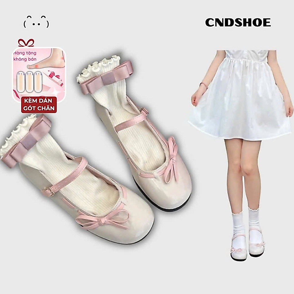 Giày Búp bê Jennie Mary Jane Mũi Tròn Đính Nơ Hồng Da PU Cao Cấp Đế 2cm Tiểu Thư