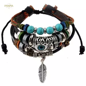 PNPIA- Phong Cách Dân Tộc Vòng Tay Mắt Xanh Hợp Kim Lông Vũ Pendent Nhiều Lớp Đính Hạt Dây Đeo Tay Nữ Vòng Tay Trang Sức Phụ Kiện Quà Tặng