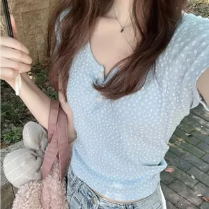 Áo thun ngắn tay hoa phong cách Hàn Quốc màu xanh lam dành cho nữ Mùa hè Phong cách mới Sweet Hot Girl All-Match Áo ngắn nhỏ