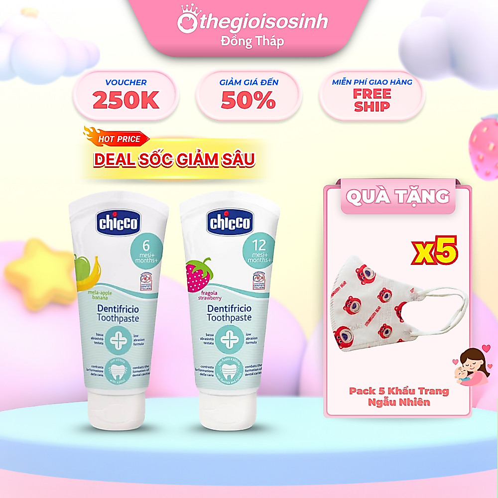 [✨HƯƠNG TRÁI CÂY DỊU] Kem Đánh Răng Chicco Cho Bé Từ 6 Tháng Tuổi Vị Chuối 🍌/ Vị Dâu 🍓Không Cay,Không Chứa Fluoride NK Ý