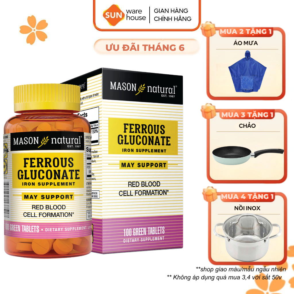 Viên Uống Sắt Cho Bà Bầu MASON NATURAL Ferrouse Gluconate Giúp Bổ Máu, Tăng Tế Bào Hồng Cầu, Không Tanh - 50/100 Viên