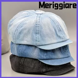 Mũ lưỡi trai MERIGGIARE, Mũ lưỡi trai phẳng Denim giặt thường ngày, Mũ lưỡi trai ngắn vành đa năng cổ điển dành cho nam nữ