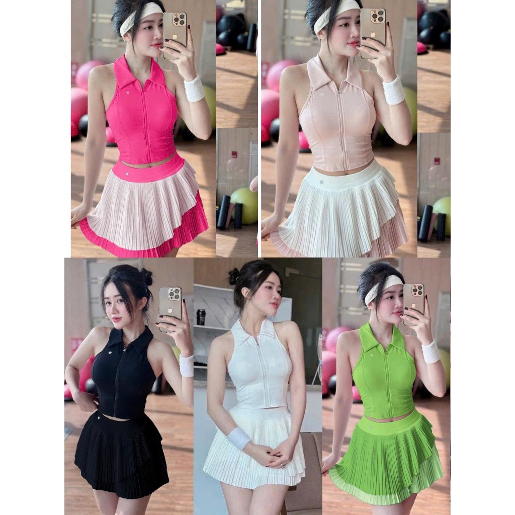 [HÀNG MỚI VỀ] Bộ thể thao nữ, Áo sẵn mút đúc kéo khoá váy phối lưới  QCCC tập Gym, nhảy, pickleball, tennis (có tách lẻ)