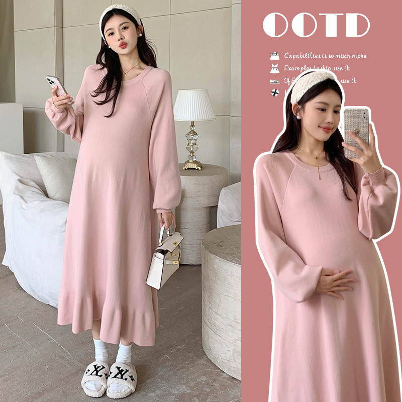 Đầm Bà Bầu Thu Đông Cổ Tròn Dày Ấm Áp, Thoải Mái Cho Mọi Hoạt Động
