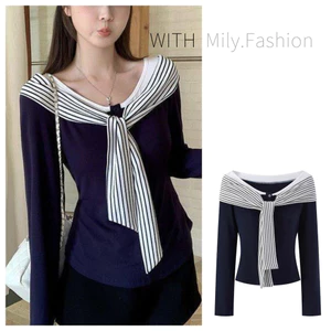 Milyfashion Navy Blue Stitching Sọc Ren Dài Tay T Phong Cách Mới Mỏng Hơn Nhìn Slim-Fit Top Base Quần Áo Nữ