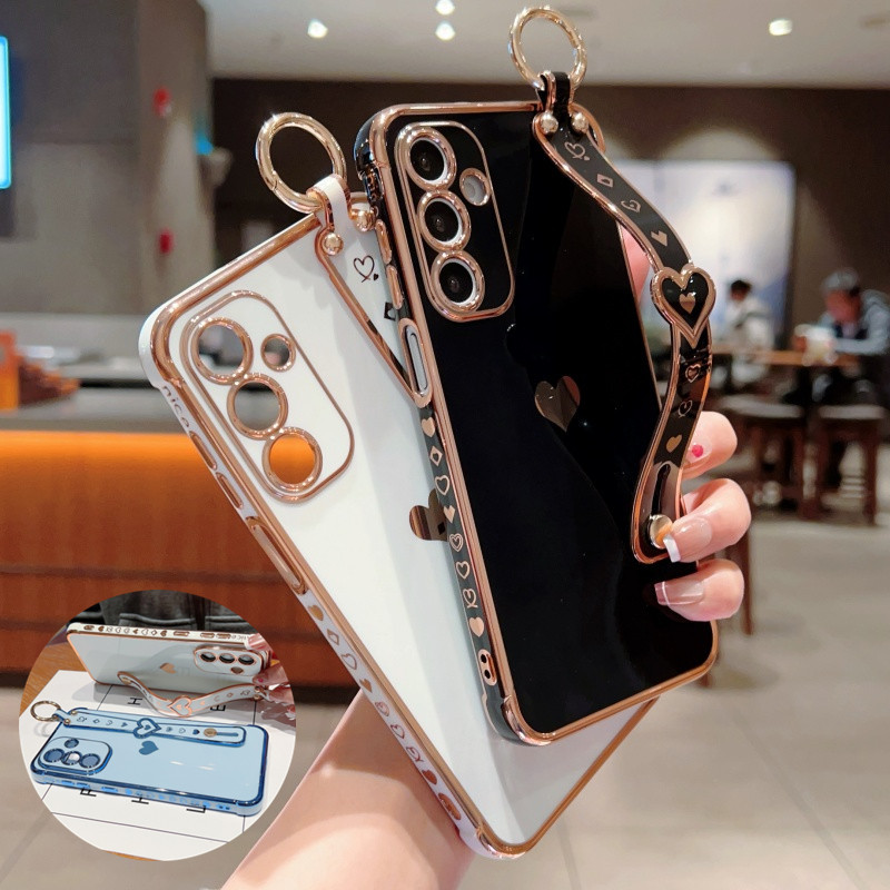 Ốp Lưng Mạ Dây Đeo Tay Trái Tim Tình Yêu Cho Samsung Galaxy A17 A16 A15 A14 A13 A56 A36 A55 A35 A54 A34 A26 A25 A24 A23 5G Vỏ Điện Thoại Chống Sốc
