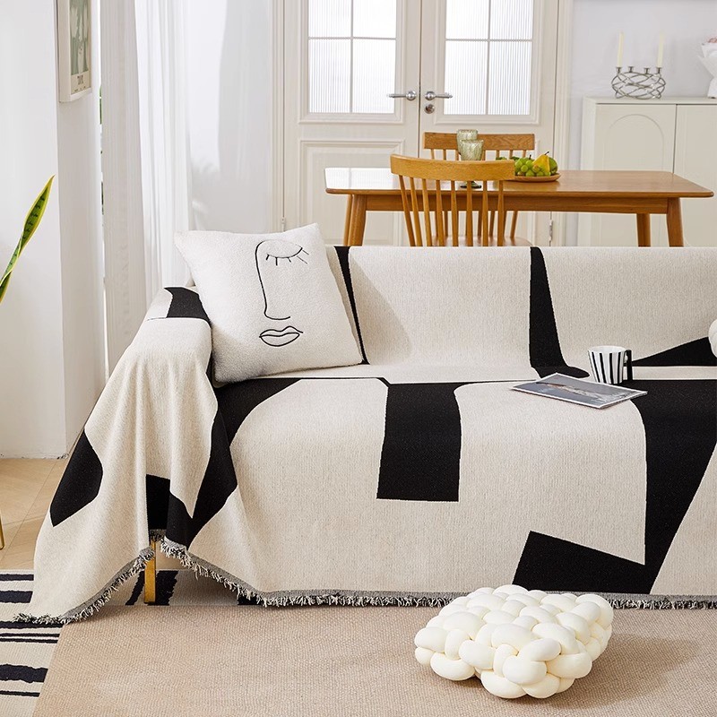 Chăn sofa Chenille vuông hình học hiện đại mới, Đệm sofa đa năng chống trượt, Vỏ bọc ghế sofa hình chữ L có thể giặt được cho phòng khách