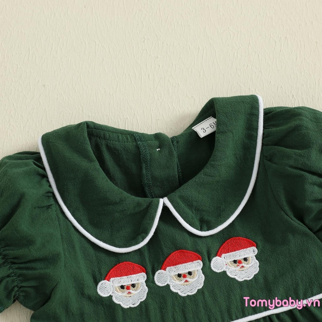 Váy Giáng Sinh Bé Gái Tay Ngắn Cổ Búp Bê Váy Thêu Ông Già Noel