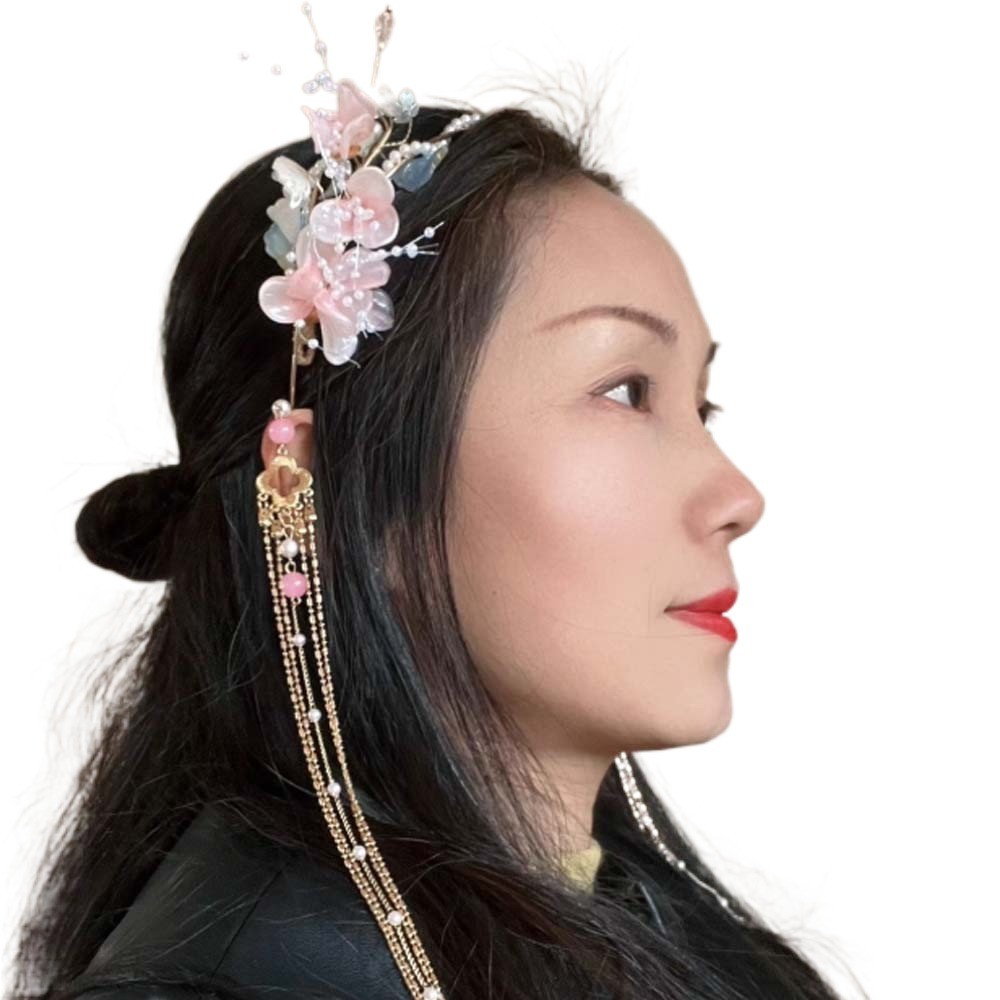 WEETW Băng Đô Quấn Tóc Cổ, Vương Miện Hạt Hanfu Tua Rua Tóc, Hoa Tinh Tế Hợp Kim Pha Lê Lắc lư Cổ Tích Mũ Sườn Xám