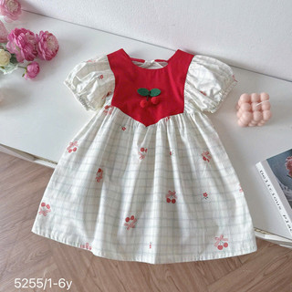 Váy Trắng Phối Đỏ Đính Cherry Cộc Tay Cho Bé Gái Chất Thô Lụa 8-26kg
