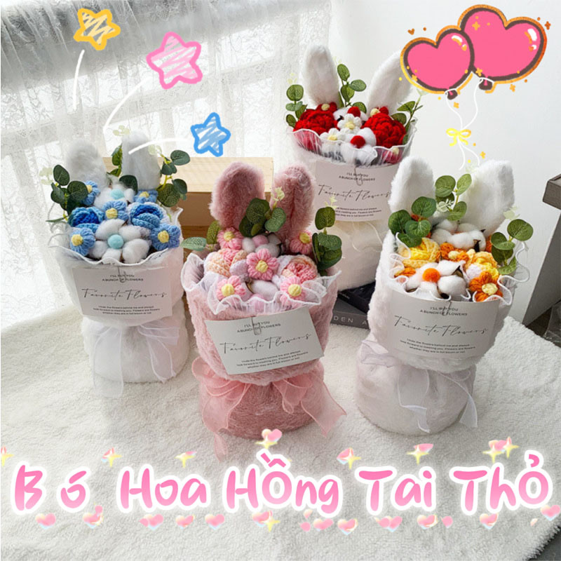 Bó Hoa Hồng Len Tai Thỏ Bunny, Hoa Hồng Len Kèm Túi Thiệp Đèn LED Dễ Thương,Quà Sinh Nhật Cho Cô Gái