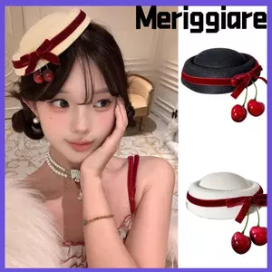 MERIGGIARE Nơ Mũ Bò Anh Đào, Vải Đen Mũ Tròn Kẹp Tóc, Phong Cách Pháp Phụ Kiện Tóc Trắng Trang Phục
