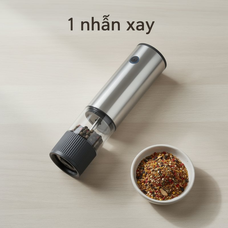 máy xay tiêu điện mini inox cảm biến nghiêng sạc type c lõi gốm chỉnh mịn xay muối gia vị