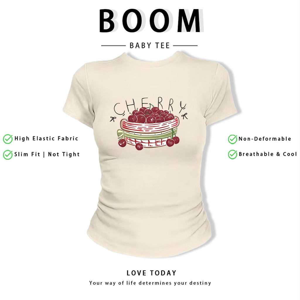 BOOM Áo Baby Tee Nữ Cotton Ôm Body-Áo Thun Ngắn Tay Y2K In Hình PhongCách Mùa Hè, Cổ Tròn Hàng Đầucách hàn quốc phong241