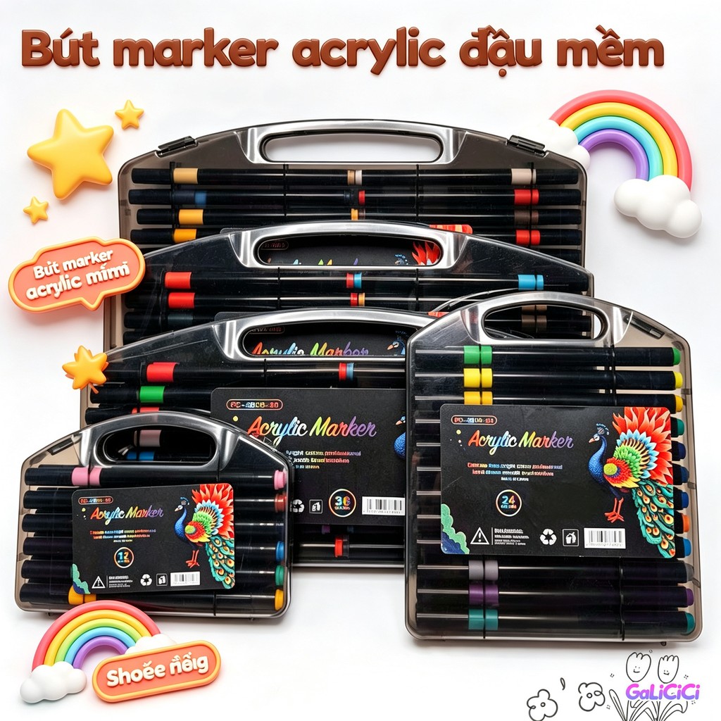 Bộ Bút Dạ Acrylic Đầu Mềm Không Độc Hại Có Thể Giặt Được An Toàn - Dụng Cụ Vẽ Tranh Mỹ Thuật Thủ Công DIY Cho Bé Học Tập