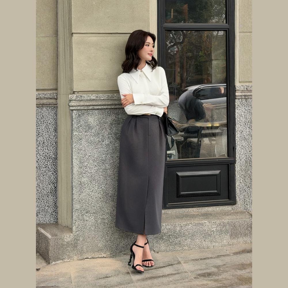 Chân váy dài nữ ELLA DORA xẻ trước 2 ly phối túi thật form gọn tôn dáng hiện đại màu GHI XÁM [CV188]