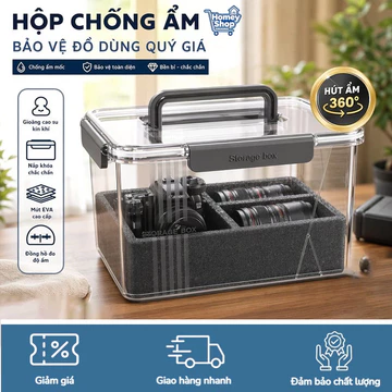 Hộp chống ẩm máy ảnh, hộp đựng chống sốc, kèm ẩm kế, hút ẩm, cho DSLR, mirrorless, lens, camera-HomeyShop