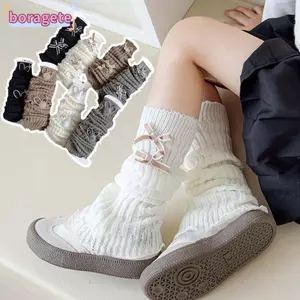Vớ dài BORAGETE, Tất dệt kim nơ màu trơn, Tất bê Cotton mềm mại ngọt ngào thu đông