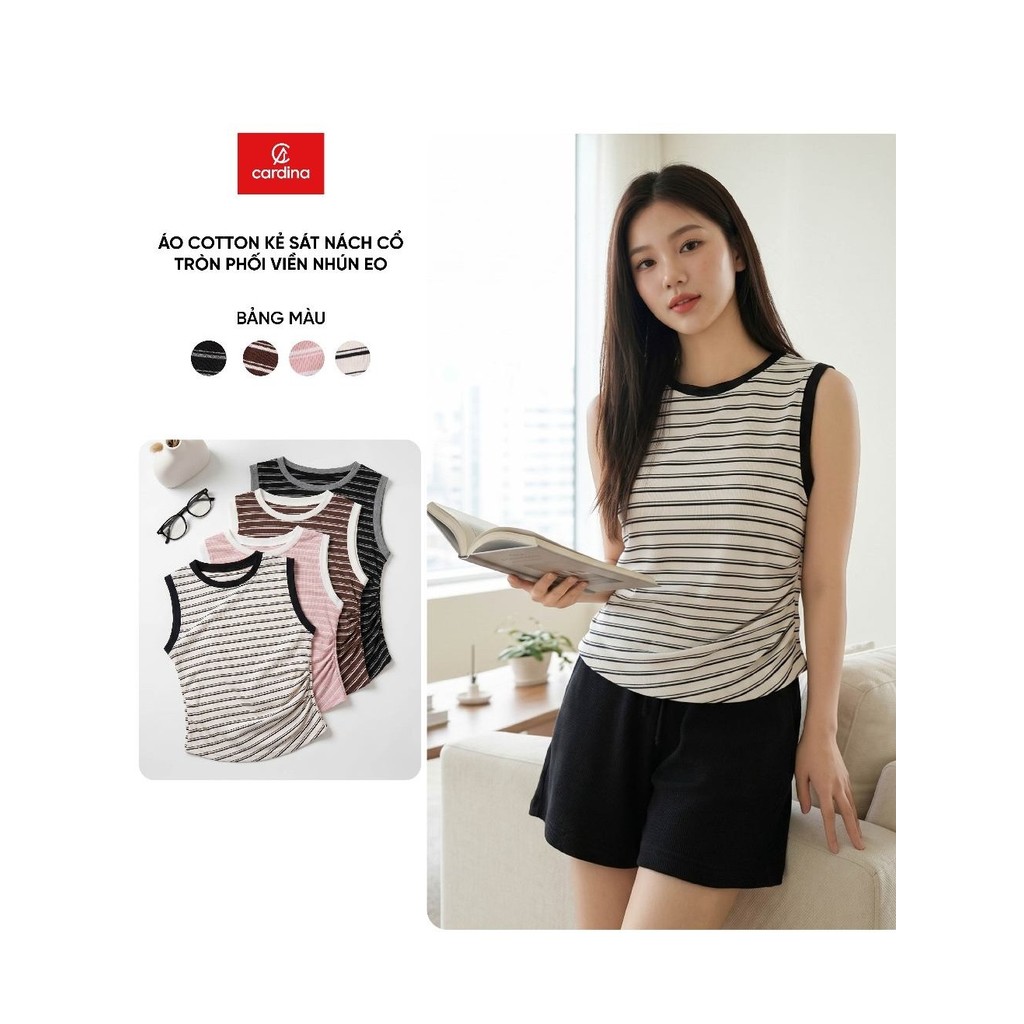 Áo thun nữ CARDINA cotton kẻ sát nách cổ tròn phối viền nhún eo 6ATS01