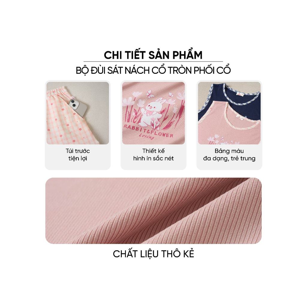 Bộ đồ mặc nhà nữ CARDINA chất liệu tăm lạnh sát nách cổ tròn và quần đùi thô 6BFN01