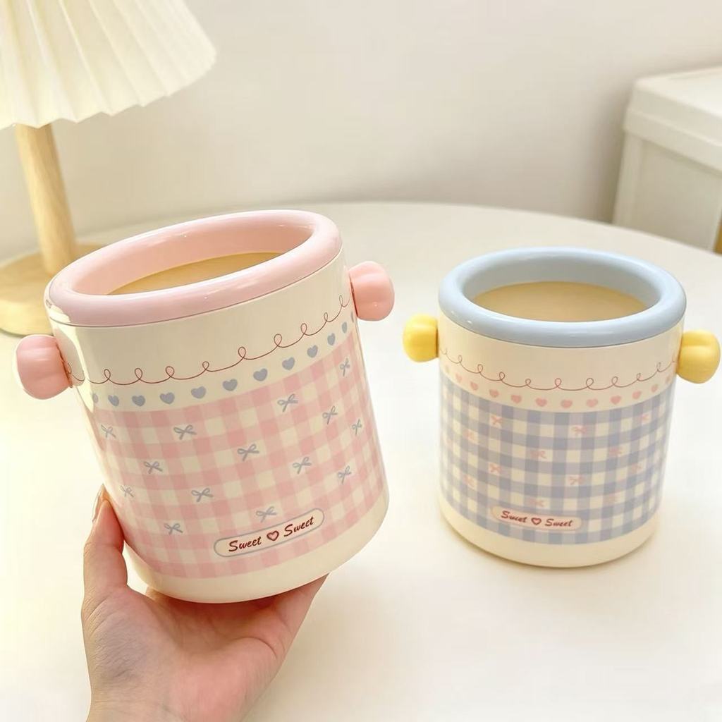 Thùng rác mini để bàn kiểu Hàn  miệng rộng có vòng giữ túi đựng bút đồ nhỏ bàn học ký túc xá phòng ngủ