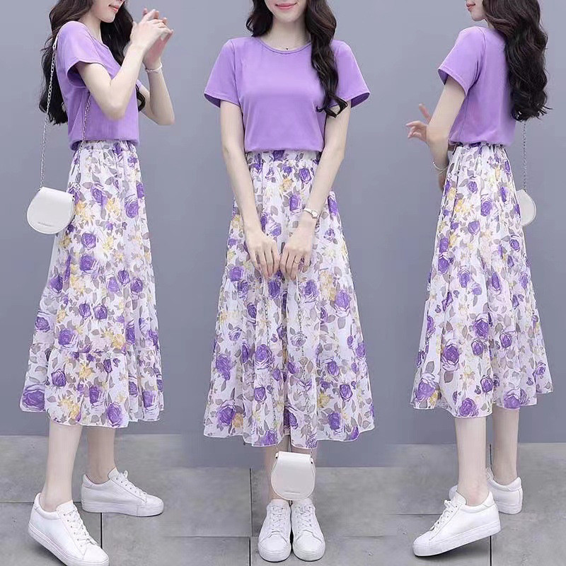Set Áo Thun Tím Phối Chân Váy Hoa Nhí - Bộ Áo Phông Chân Váy Voan kiểu Hàn Quốc, thanh lịch, tôn dáng