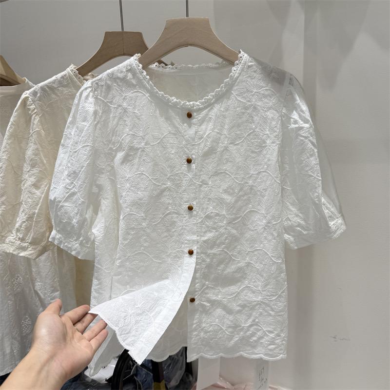 [Giảm giá trong thời gian có hạn] Áo sơ mi ngắn tay cổ tròn thời trang phiên bản Hàn Quốc mùa hè, Áo sơ mi dáng rộng thiết kế thích hợp