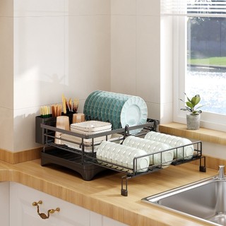 Giá để bát đĩa trên bàn để bếp giá để bát đĩa điều chỉnh được với khay thoát nước giá để bát đĩa kim loại