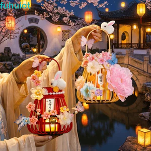 Đèn lồng mây truyền thống FUHUIOT, Bộ chất liệu DIY Hoa thỏ Đèn lồng lễ hội trung thu, Phong cách Trung Hoa thủ công sáng tạo với đèn lồng thỏ nhẹ Đạo cụ Hanfu
