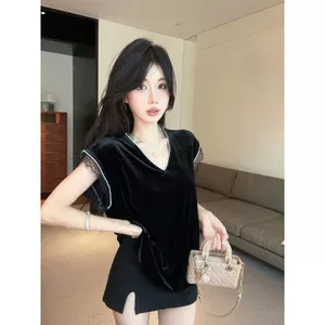 Nhẹ Sang Trọng Ren Khâu Đen Nhung Áo Sơ Mi Nữ Mùa Hè Cao Cấp Tính Khí Cổ Chữ v Gạc Áo Vest Top