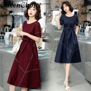 Nữ Tay Ngắn Midi Đầm Nữ Rượu Vang Đỏ Cổ Chữ O Cổ Chữ A Váy