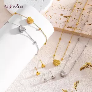 AqToCna Thép Không Gỉ Màu Vàng Trái Tim Tình Yêu Dây Xích Nelace Vòng Tay Bông Tai Nữ Cô Gái Thời Trang Mới Không Phai Màu Bộ Trang Sức AqToCna