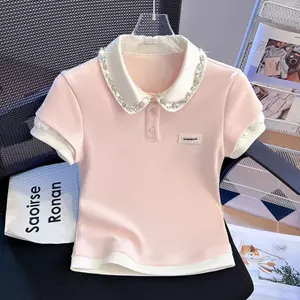 Phong cách Hàn Quốc Preppy Cổ áo polo đính đá ngắn tay Áo thun nữ mùa hè Slim-Fit Slimer Look Design Niche