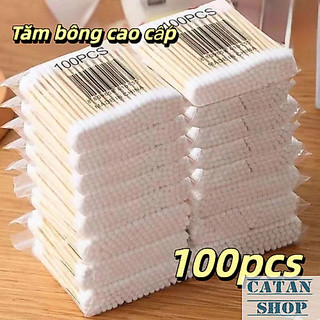 Tăm Bông Ngoáy Tai, Bịch 100 Tăm Bông Ráy Tai Thân Gỗ Đầu Bông Cotton Mềm Mịn Khử Trùng An Toàn