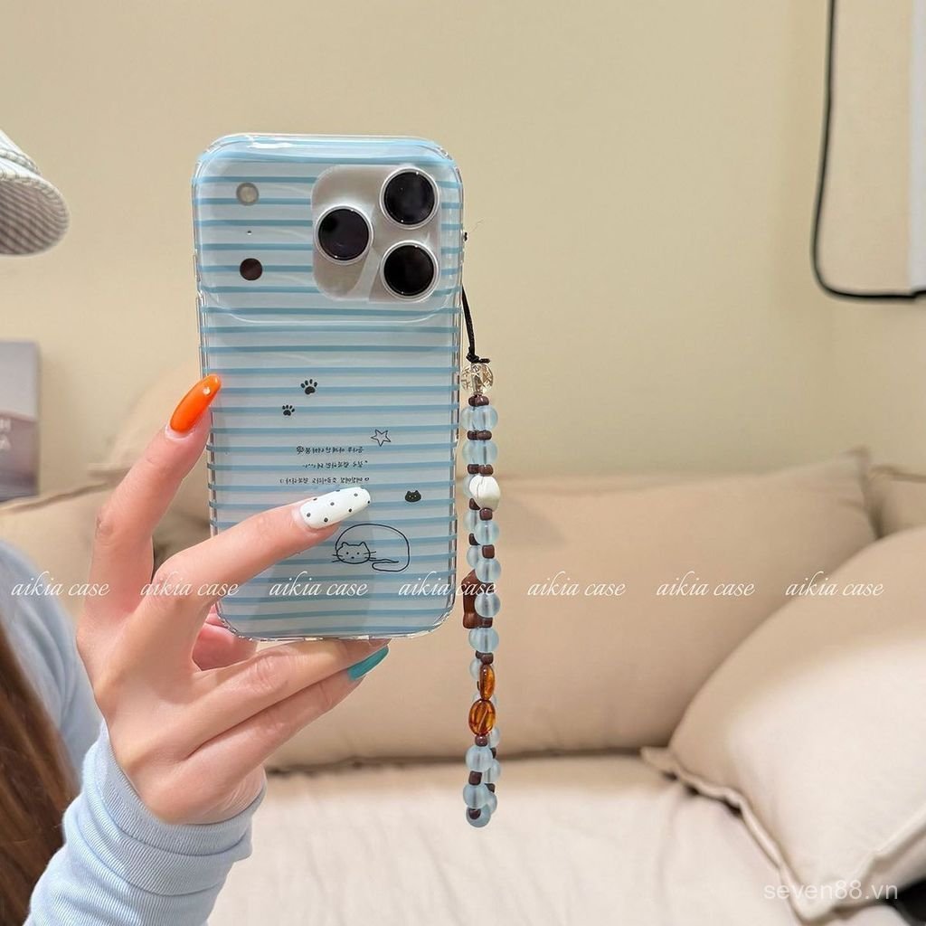 Ốp Điện Thoại Thích Hợp Cho iPhone XS XR 11 12mini 13 14 15 16 17 Pro max Plus Air Hàn Quốc Sọc Xanh Dây Xích Mèo Chống Sốc Vỏ Bảo Vệ Chống Sốc Bao Gồm Tất Cả FDPI