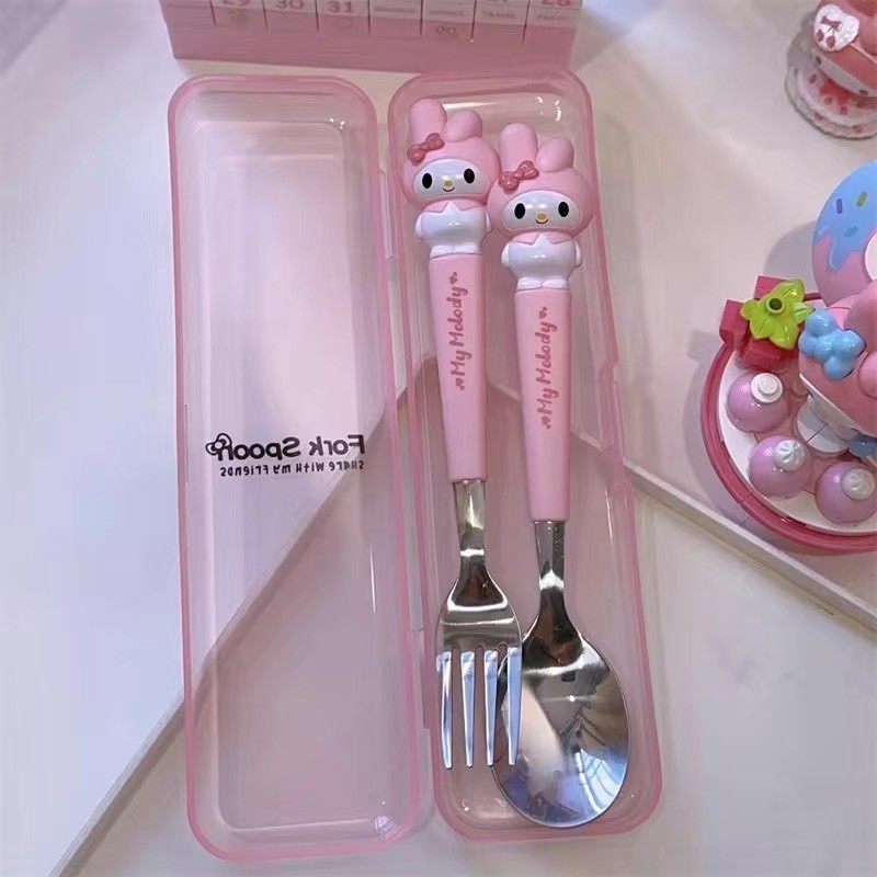 Set 2 Thìa Nĩa Bằng Thép Không Gỉ HĐáng Yêu - Hộp Thìa Ăn Cá Nhân Trẻ Em -tranh