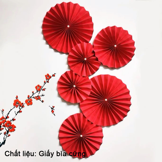 M6 Set 6 Quạt Giấy Đỏ Trang Trí Tết 2025 Dán Tường Đính Ngọc MALAN