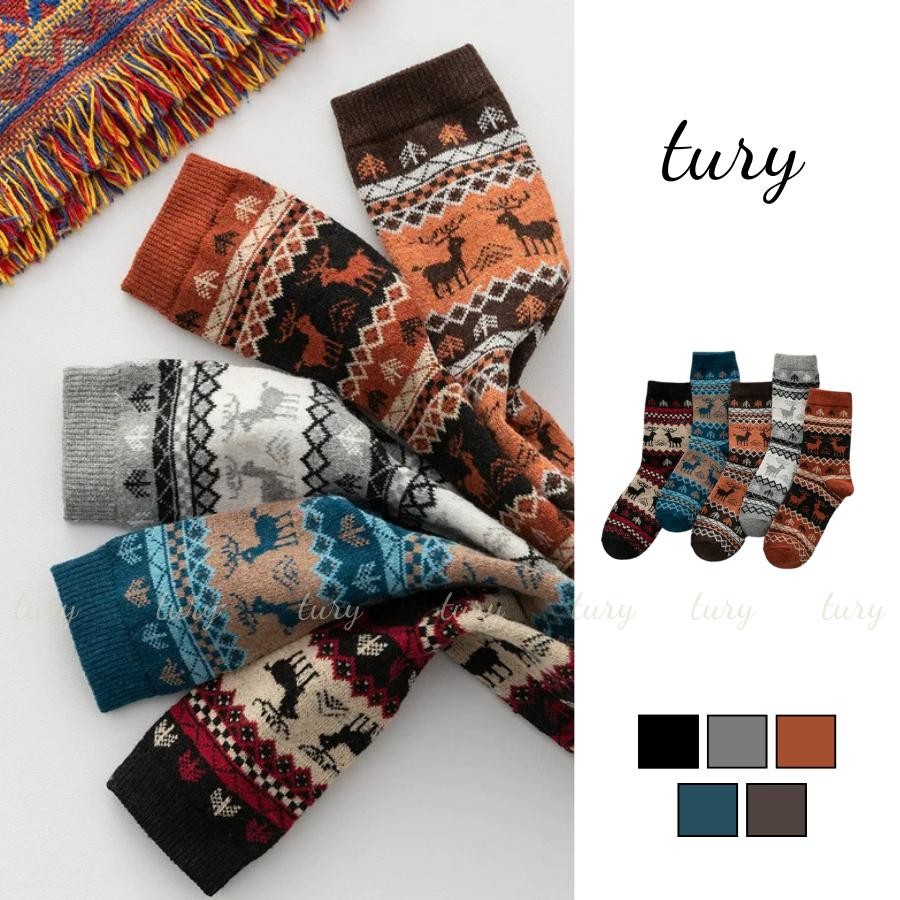 Tất Vớ Len Unisex Nam Nữ - Tury - Vớ tất len giáng sinh họa tiết con nai & cây thông thời trang thu đông - TV042
