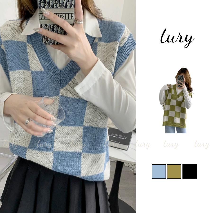 Áo Len Gile Unisex Nam Nữ - Tury - Áo gile len cổ V Lông thỏ phối CARO thời trang thu đông - TA054