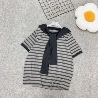 Áo Phông Bigsize Nữ Kèm Khăn Thủy Thủ Áo Thun Kẻ Sọc Cá Tính Cho Chubby A308+Khăn