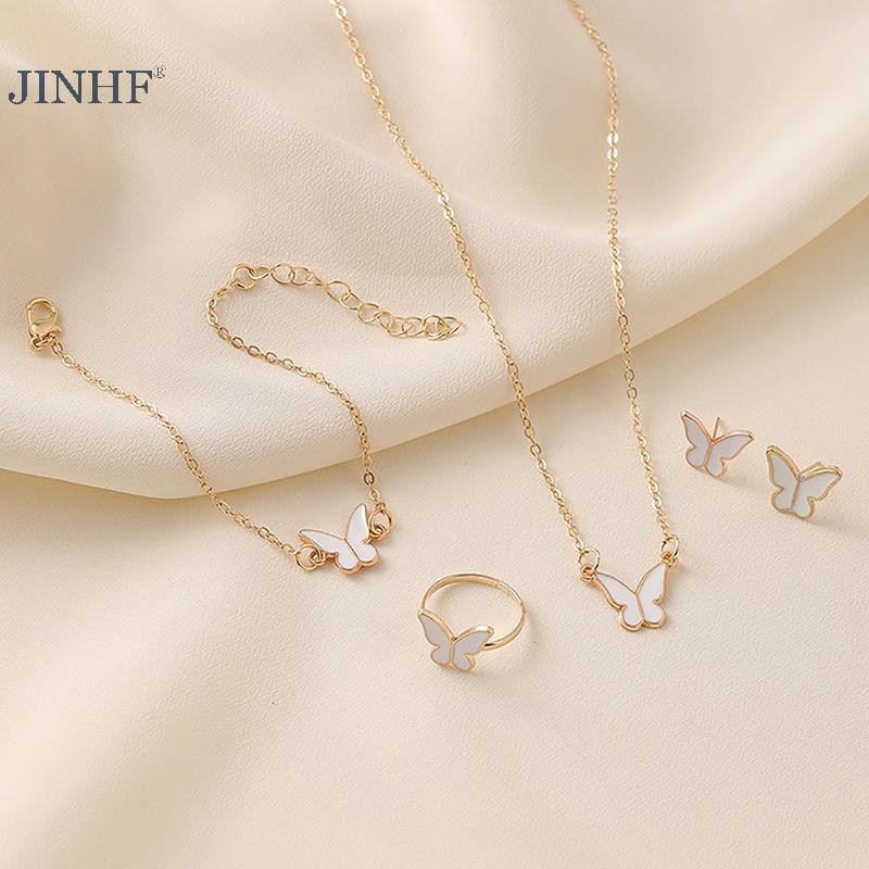 JINHF 1 Bộ Thời Trang Tinh Tế Đơn Giản Đa Năng Vòng Cổ Vòng Tay Bông Tai Nhẫn Dành Cho Nữ Cô Gái Tiệc Cưới Bộ Trang Sức Quà Tặng HOT
