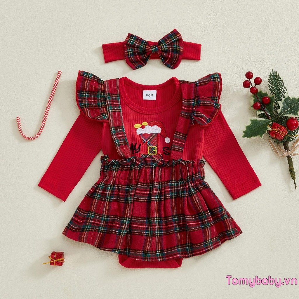 Bộ trang phục Giáng sinh cho bé gái Áo liền quần dài tay + Váy treo kẻ sọc + Bộ băng đô