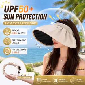 Mũ che nắng UPF50 + dành cho nữ 16cm Vành rộng có thể gập lại Băng lụa chống tia cực tím Băng đô 2 trong 1