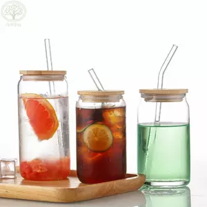 AMBU Matcha Glass, 500ML Nắp Tre Ly Ống Hút Thủy Tinh, Đa Năng Với Ống Hút Cốc Cà Phê Cho Cocktail Whisky Sữa Nước ép Cola