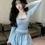 Pure Desire Phong Cách Tương Phản Màu Sắc Dây Cổ Dài Tay Mùa Xuân Phong Cách Mới Slim-fit Ôm Hơn Nhìn Đẹp Top + Váy Nụ Hoa Bốn Mảnh