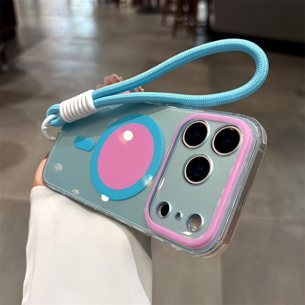 Ốp điện thoại từ tính đầy màu sắc có dây đeo cổ tay cho iPhone 17 Pro Max 15 16 pro max Bao gồm tất cả bảo vệ ống kính máy ảnh vỏ mềm Vỏ bảo vệ vỏ điện thoại